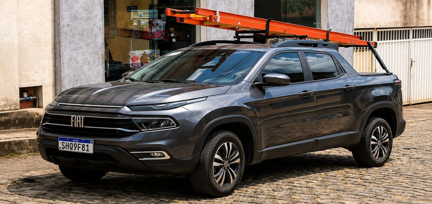 Picape Fiat Toro cinza com rack escada transportando duas escadas laranjas.